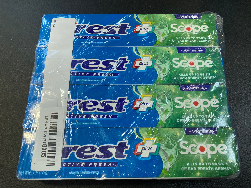 Photo 1 of Crest Whitening Plus Scope, Complete Active Fresh + Whitening Toothpaste, 5.5oz, Toothpaste Sensitive Teeth, Pack of 4