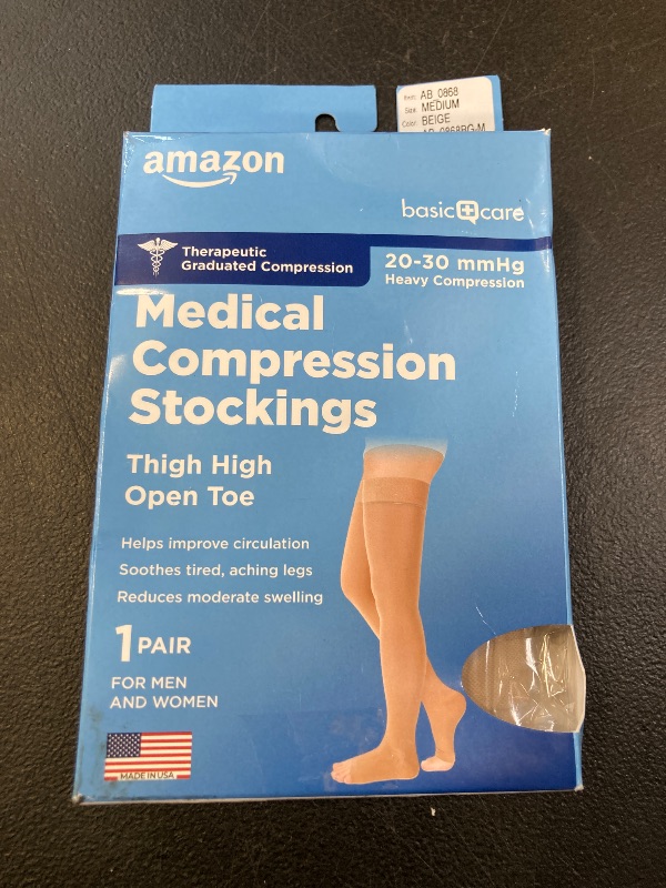 Photo 1 of Amazon Basic Care Medical Compression Stockings, 20-30 mmHg Support, Women & Men Thigh Length Hose, Open Toe, Beige, Medium (Previously NuVein)