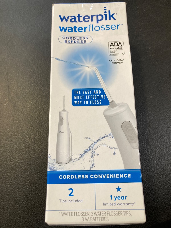 Photo 1 of Waterpik Cordless Express Water Flosser, Battery Operated & Portable for Travel & Home, ADA Accepted, Waterproof for Shower Use, White WF-02, Packaging May Vary