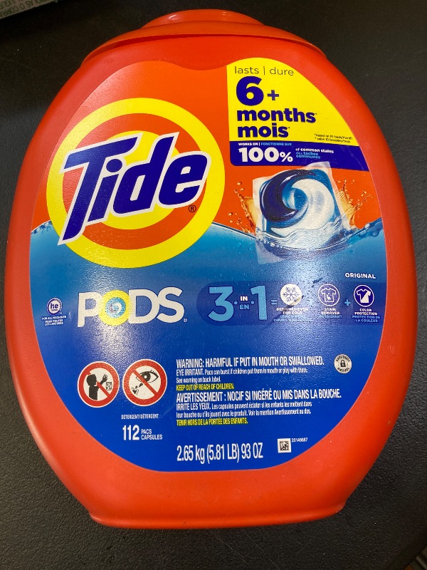 Photo 1 of Tide PODS Laundry Detergent Pacs, 3-in-1 Stain Remover, Odor Fighter, Color Protector, 112 Count, HE compatible, Original Scent