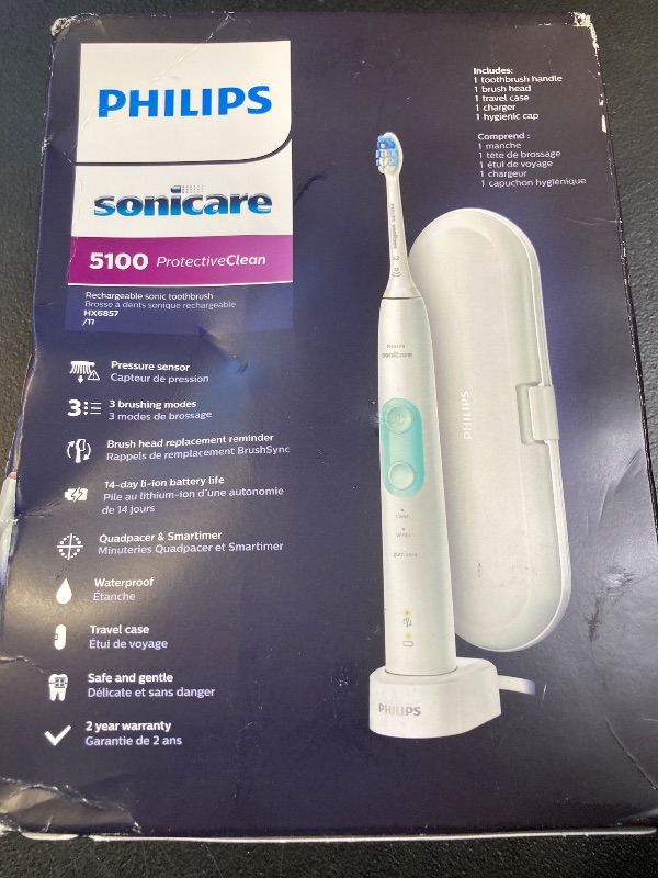 Photo 1 of Philips Sonicare Protective Clean 5100 Rechargeable Electric Toothbrush, with Pressure Sensor, 3 Cleaning Modes, SmarTimer and QuadPacer, 14-Day Battery Life, Travel Case, White, Model HX6857/11