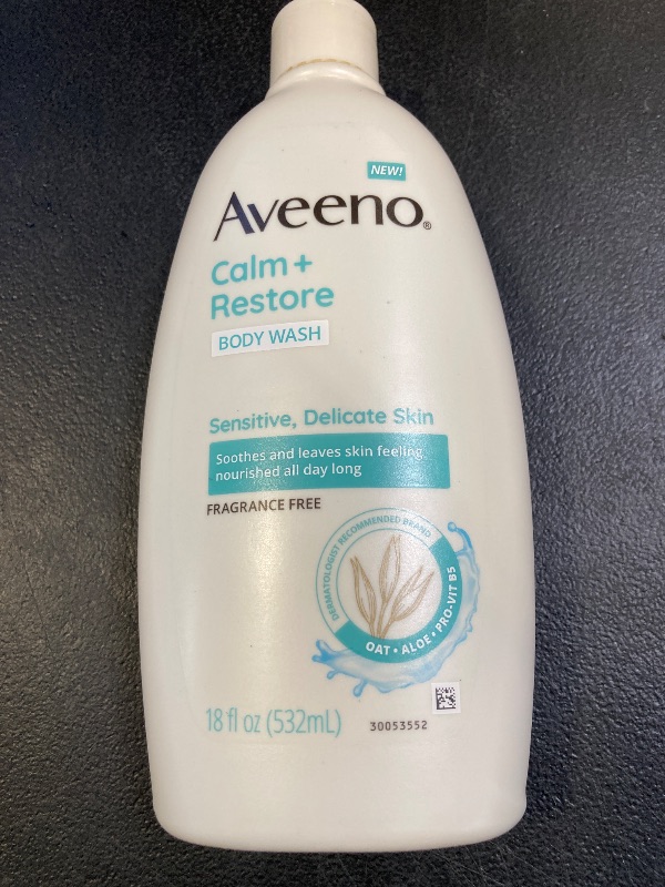 Photo 1 of Aveeno Calm + Restore Daily Body Wash for Sensitive, Delicate Skin, Gentle Cleanser with Oat, Aloe & Pro-Vitamin B5 Soothes & Leaves Skin Feeling Nourished, Fragrance Free, 18 fl. oz