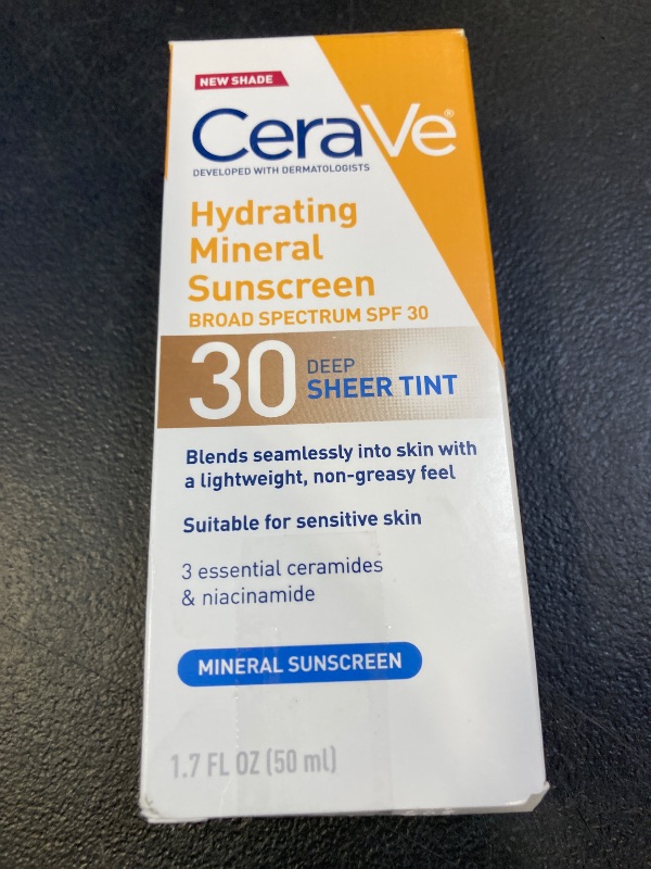 Photo 1 of CeraVe Hydrating Mineral Sunscreen SPF 30 with Sheer Tint, Tinted Mineral Sunscreen with Zinc Oxide & Titanium Dioxide, Blends Seamlessly For Healthy Glow, Deep, 1.7 Oz