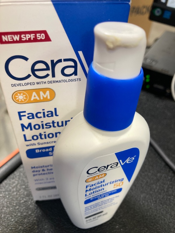 Photo 1 of CeraVe AM Facial Moisturizing Lotion SPF 50, Face Moisturizer with SPF, Hyaluronic Acid, Niacinamide & Ceramides, Non-Greasy, Blends Seamlessly With No White Cast, Non Comedogenic Sunscreen, 3 Oz