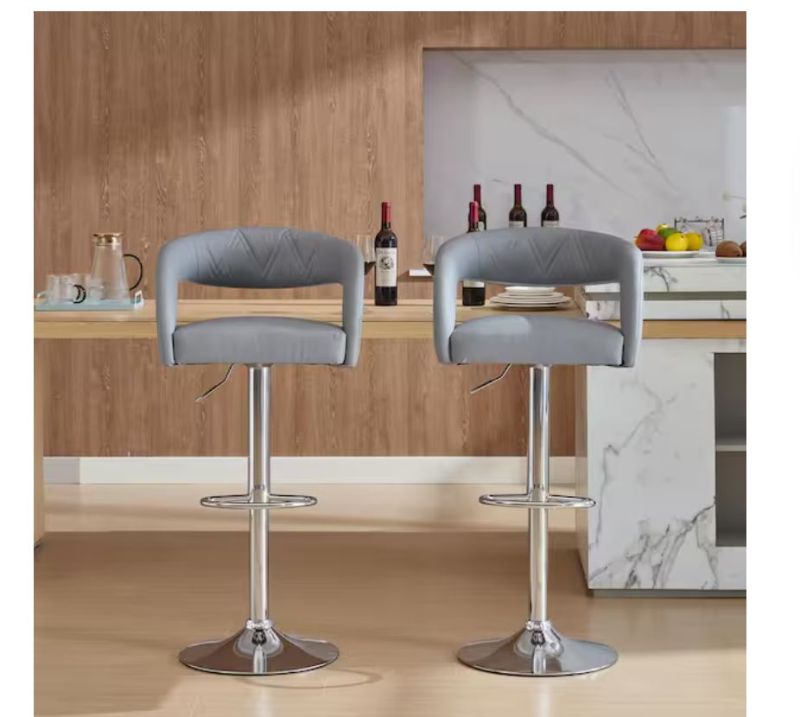 Photo 1 of Bar Stools 25.59 in. Gray High Metal Bar Stool Counter Stool with Faux Leather Seat and Arms, Set of 2