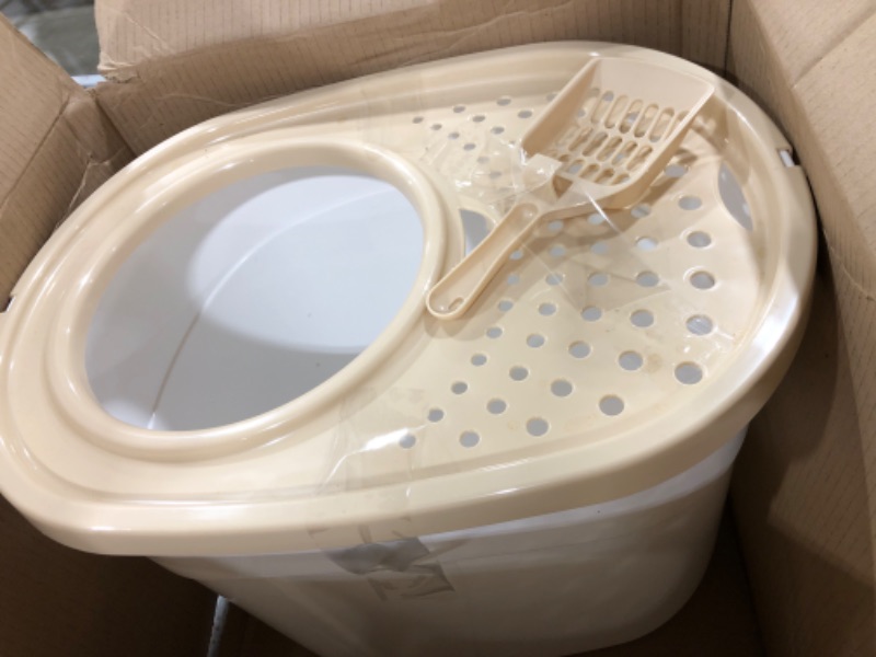 Photo 1 of IRIS USA Cat Litter Box, Large Top Entry with Litter Catching Lid and Scoop, Dog Proof, Enclosed Cat Litter Box, White/Beige