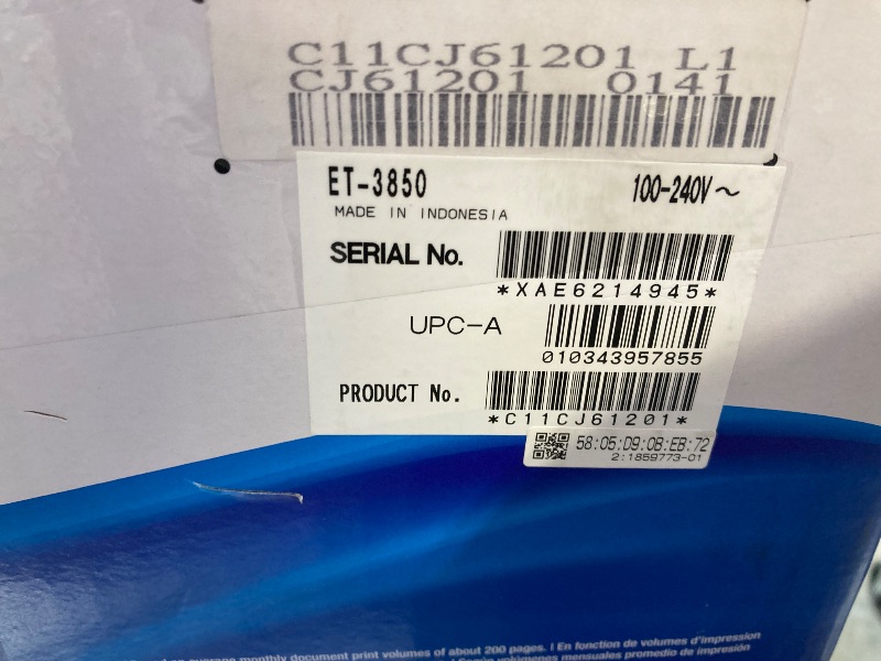 Photo 1 of Epson - EcoTank ET-3850 All-in-One Supertank Inkjet Printer - White