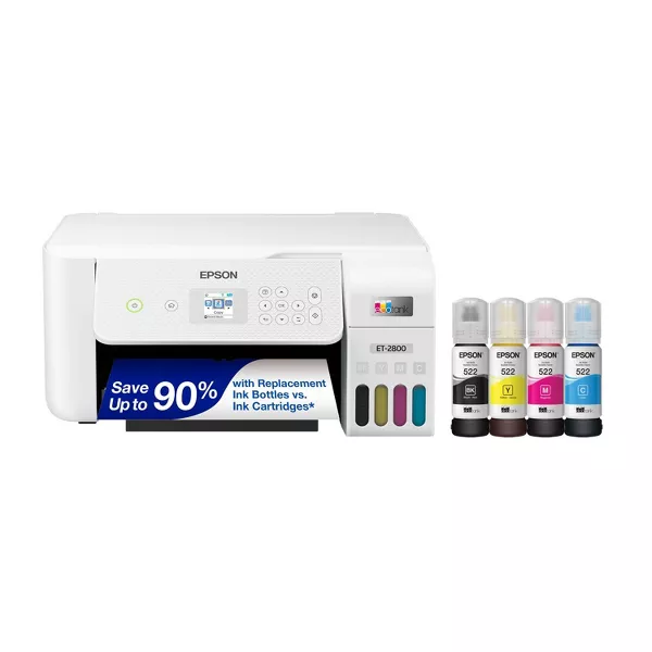 Photo 1 of MISSING INK--- Epson EcoTank ET-2800 Wireless Color All-in-One Cartridge-Free Supertank Printer, Copier, Scanner - White