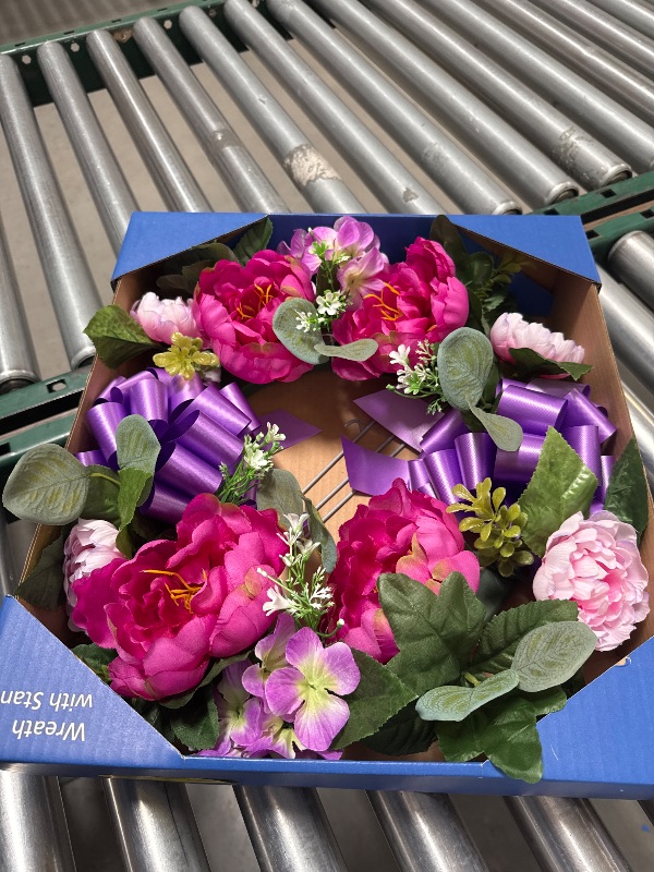 Photo 1 of Mainstays 17in Outdoor Artificial Polyester Peony Wreath, Purple Color.
