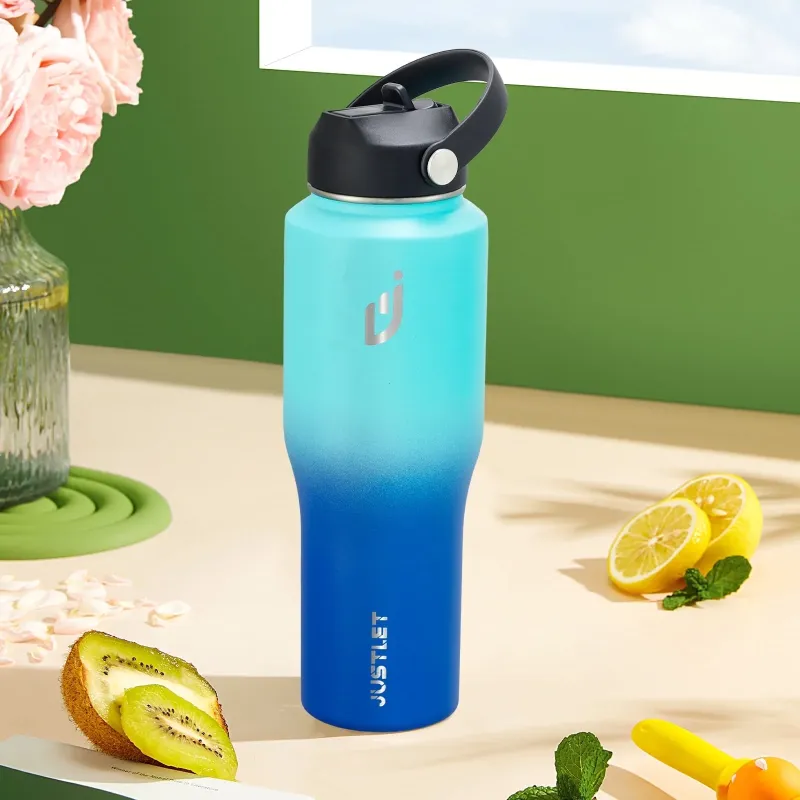 Photo 1 of JUSTLET 32oz Insulated Stainless Steel Water Bottle with 2 Lids, Leak-Proof & Fit Cup Holder, Caribbean Blue.