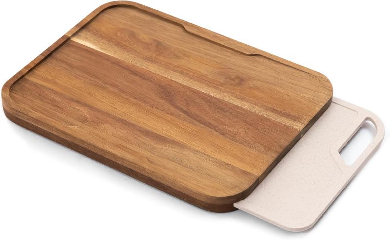 Photo 1 of Premium Acacia Cutting Board with Nesting Rice Fiber Chopping Board for Cooking Prep, 2 Piece Kitchen Set, Non-Slip Feet with Juice Groove, Heavy Duty Construction, Pre Oiled, 15" x 11"
