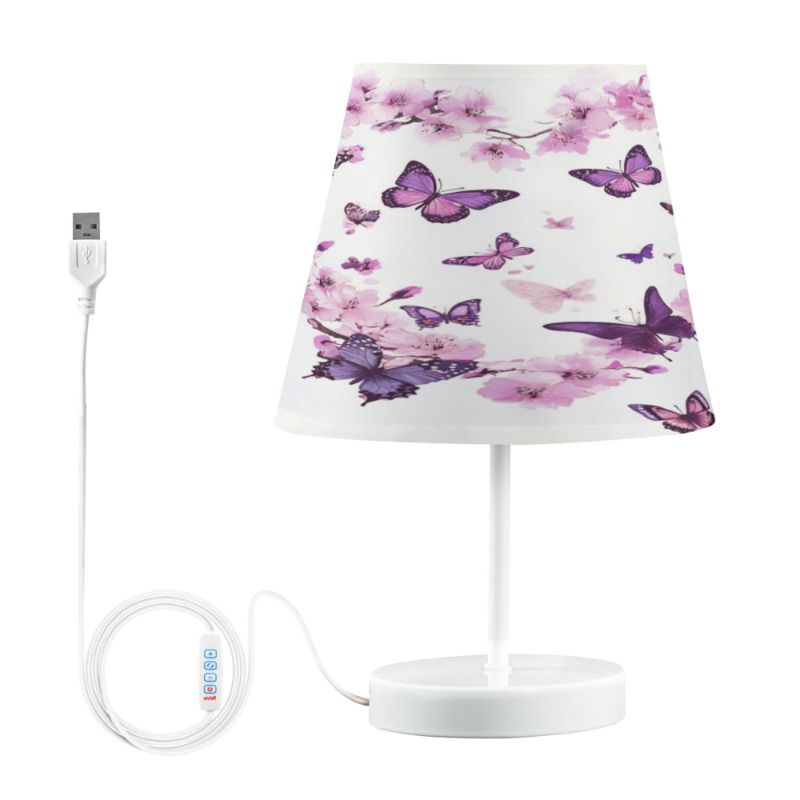 Photo 1 of WOBOGO Purple Butterfly Pink Floral Table Lamps Bedroom 3-Speed Dimmable Farm Style with Fabric Shade for Reading and Home Office