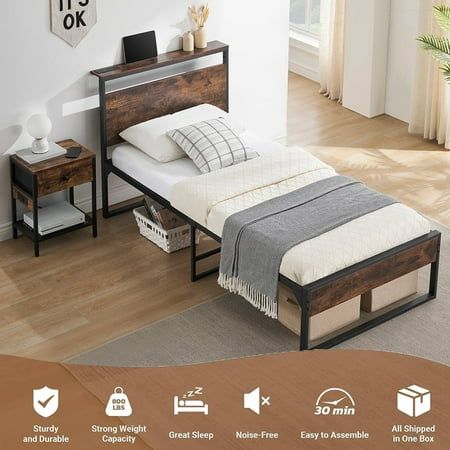 Photo 1 of Behost 14 Twin Bed Frame with Headboard Power Outlets Platform Beds for Bedroom Rustic Brwon

