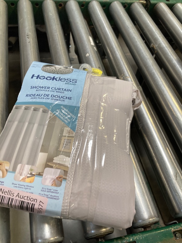 Photo 1 of Hookless It’s A Snap! Waffle Stripe Shower Curtain, 2-in-1 Shower Curtain Includes Fabric Shower Curtain with Sheer Top Window and Flex-On Rings, Liner Compatible, 71” x 74”, Light Grey