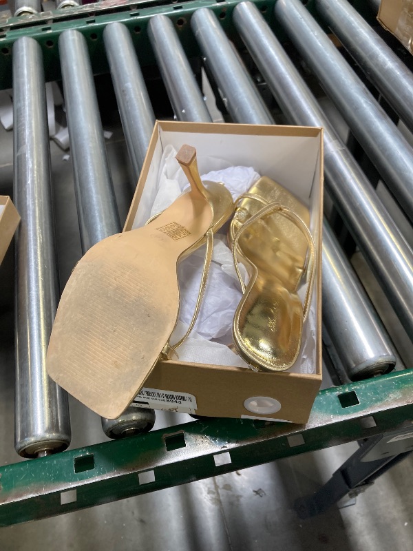 Photo 1 of USED---Elisabet Tang Womens Square Toe Heeled Sandals,4.3 inch Square Toe Thong Strappy Ankle Strap Stiletto Heel Sandals Wedding Dress Party Shoes Gold Size 8