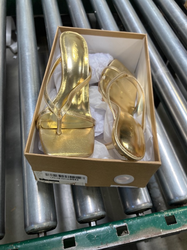 Photo 1 of USED---Elisabet Tang Womens Square Toe Heeled Sandals,4.3 inch Square Toe Thong Strappy Ankle Strap Stiletto Heel Sandals Wedding Dress Party Shoes Gold Size 8