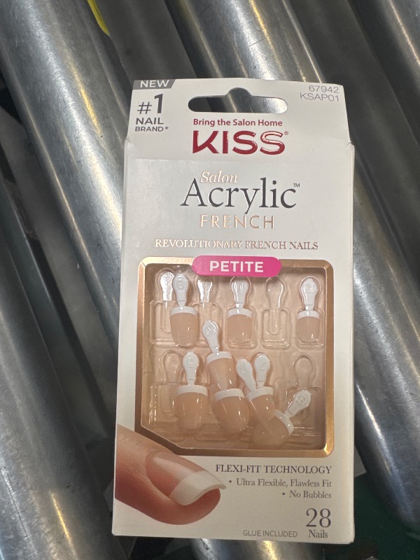 Photo 1 of KISS Salon Acrylic, Press-On Nails, Nail glue included, 'Crush Hour', French, Petite Size, Squoval Shape, Includes 28 Nails, 2g Glue, 1 Manicure Stick, 1 Mini File