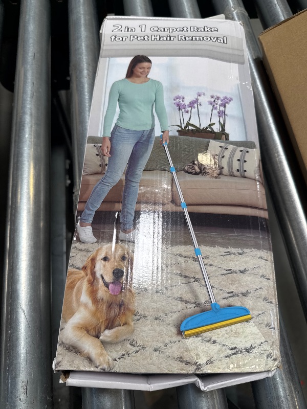 Photo 1 of 2 in 1 TPU and Copper Rake Teeth Carpet Rake for Pet Hair Removal,60inch Adjustable Long Handle Pet Hair Remover Tool,Reusable Cat Dog Hair Rake Broom,Lint Remover Scraper for Carpet,Bed(Black-Silver)