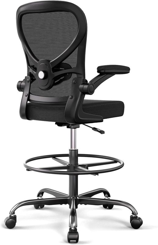 Photo 1 of Alolo Drafting Chair,Big and Tall Office Chair with Footrest Ring,Ergonomic Chair for Counter Height and Standing Desk Comfy with Lumbar Support and Flip-up Armrests in Heavy Rolling Base,Black
