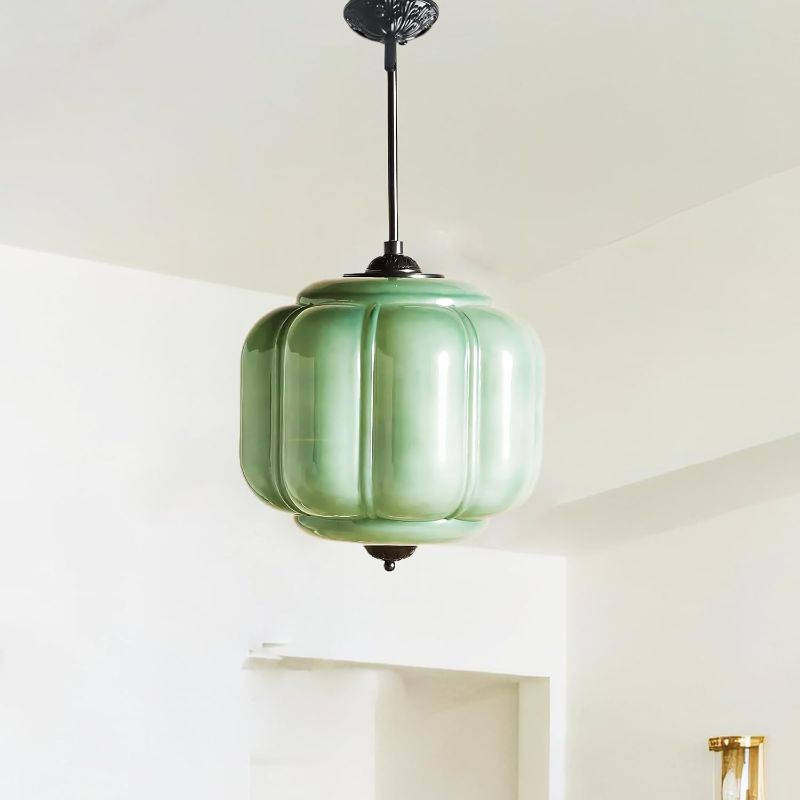 Photo 1 of Antique Black Milk Glass Ceiling Light Fixture - 9.8 Inch Vintage Semi Flush Mount Pendant Light for Kitchen, Hallway, Bedroom, Dining Room