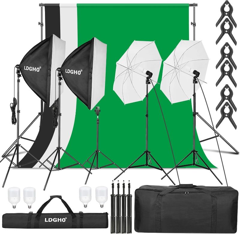 Photo 1 of Photography Lighting kit with Backdrops, 8.5x10ft Backdrop Stands, UL Certified 5500K 800W Equivalent 25W LED Umbrella Softbox Continuous Lighting, Photo Studio Equipment for Photo Video Shoot
