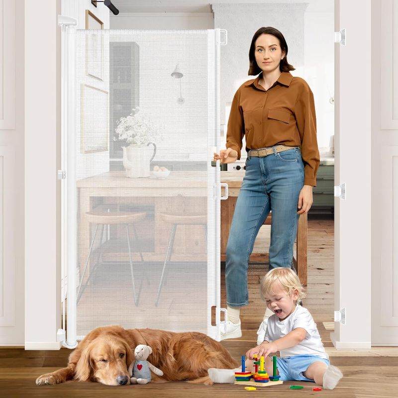 Photo 1 of 65” Extra Tall Baby Gate Retractable Pet Gate Indoor 55” Wide Retractable Dog Gate Outdoor Gate Retractable Gate Mesh Baby Gate Tall Dog Gates for Doorways Tall Retractable Baby Gates for Dogs, White

