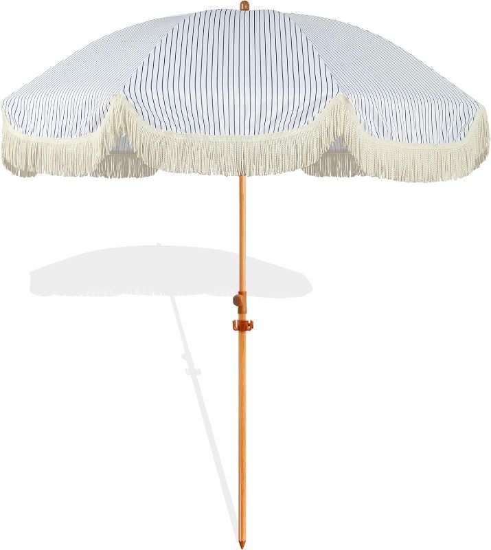 Photo 1 of 7.5ft Patio Umbrella with Fringe, Beach Umbrella, Fringe Umbrella Outdoor Patio with Hanging Hook, Tilting Aluminum Pole, UV 50+, Fiberglass Ribs, Blue White Stripe
