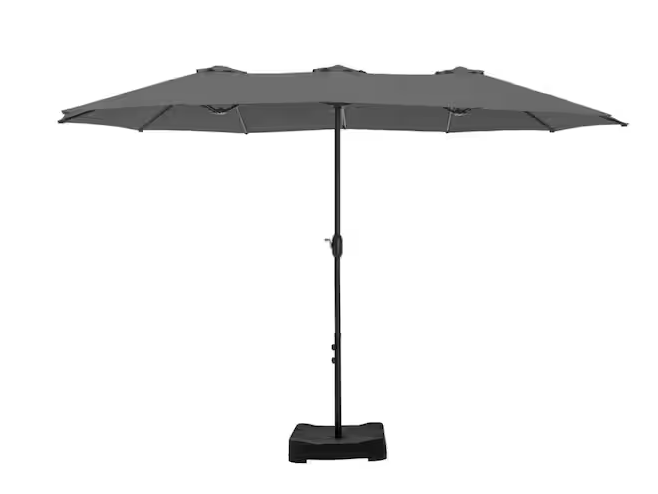 Photo 1 of 15 ft. Market Patio Umbrella 2-Side in Gray with Base and Sandbags
