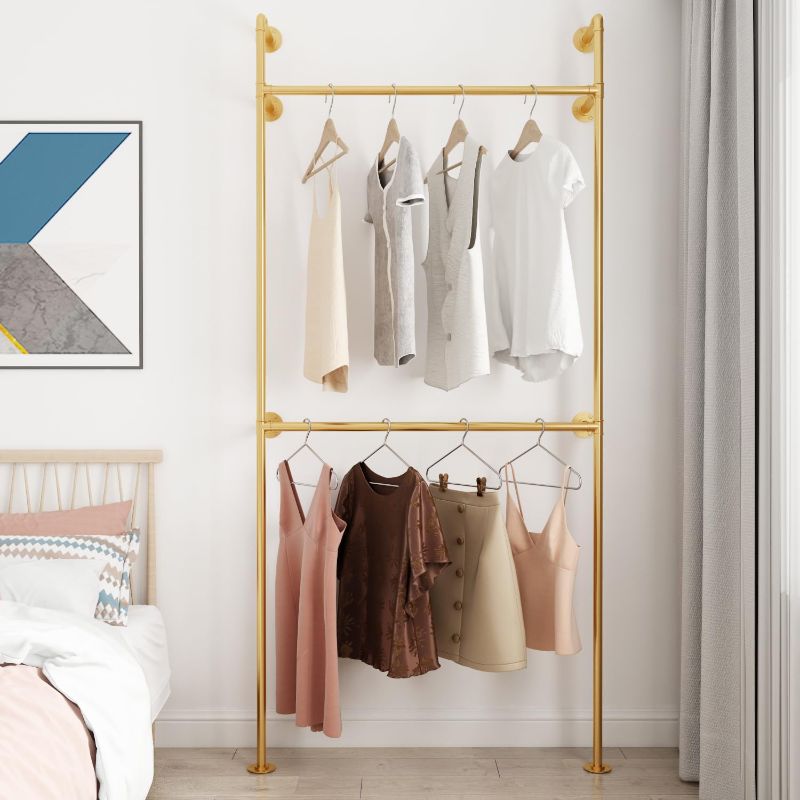 Photo 1 of ORSENIGO Industrial Pipe Clothing Rack, Heavy Duty Metal Clothes Rack with Double Rods for Hanging Clothes, Wall Mount Space-Saving Garment Display Rack (Single, Gold)
