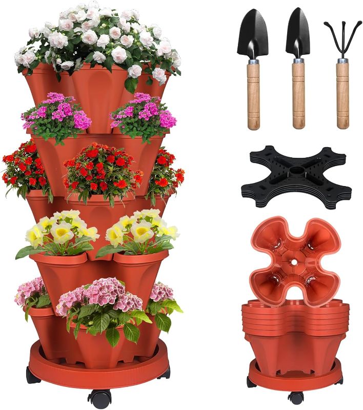 Photo 1 of 5 Tier Vertical Strawberry Planter-Tower Stackable Herb Planter Stacking Garden Planters Pot Outdoor With Tools Mover For Growing Flowers, Vegetables and Succulents
