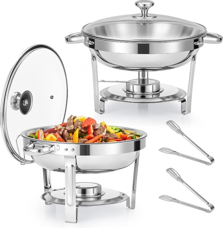 Photo 1 of WILPREP Chafing Dish Buffet Set, 2 Pack 5 qt Round Chafers for Catering with Glass Lid & Lid Holder Water Food Pan Fuel Holder, Stainless Steel Food Warmers for Parties Buffets Banquets Dinners
