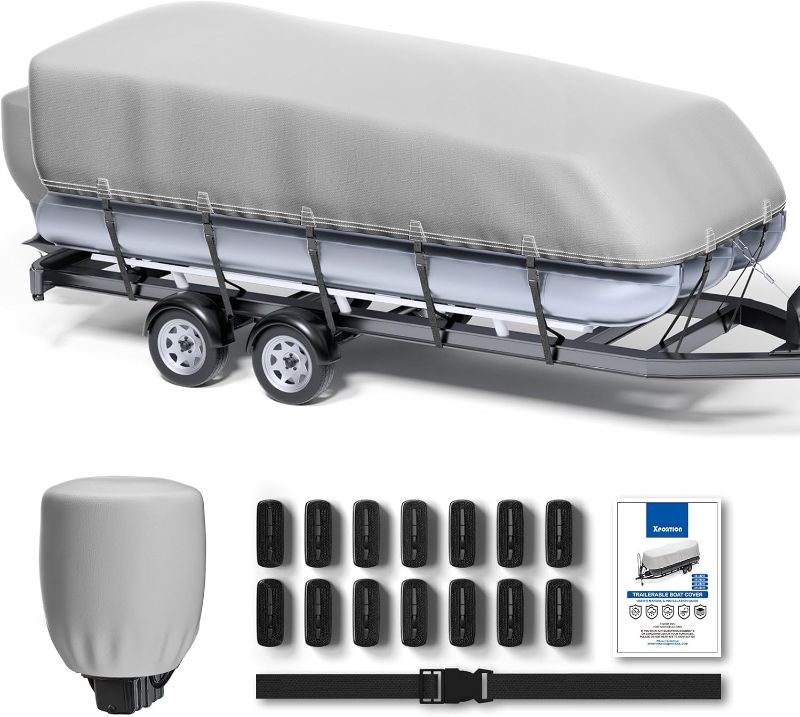 Photo 1 of XPORTION 19-21ft Pontoon Boat Cover Waterproof Sunproof 900D Marine-Grade Polyester Canvas, Heavy Duty Trailerable with Tightening Strap & Motor Cover, Gray
