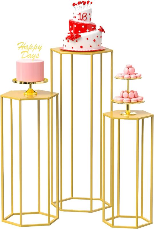 Photo 1 of Hexagon Pedestal Stand Set of 3 – Gold Nesting Display Cylinder Tables, 35.43" for Parties, Weddings, and Home Decor – Metal Pedestal Stands for Centerpieces, Flowers, and Patio Decor (Hexagonal Gold)