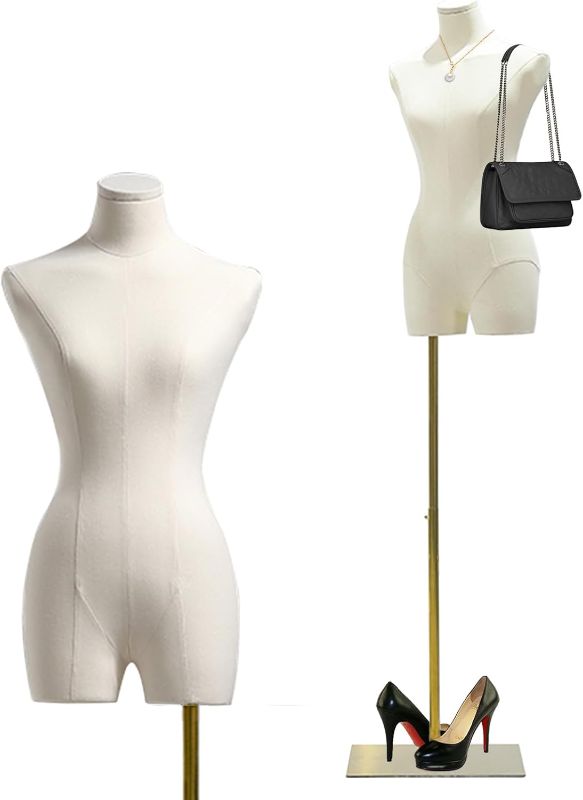 Photo 1 of Female Mannequin Dress Form Torso, 47"-83" Height Adjustable Display Mannequin Body with Metal Stand, Retro Manikin for Sewing Clothing Jewelry Market Shop (White, A)
