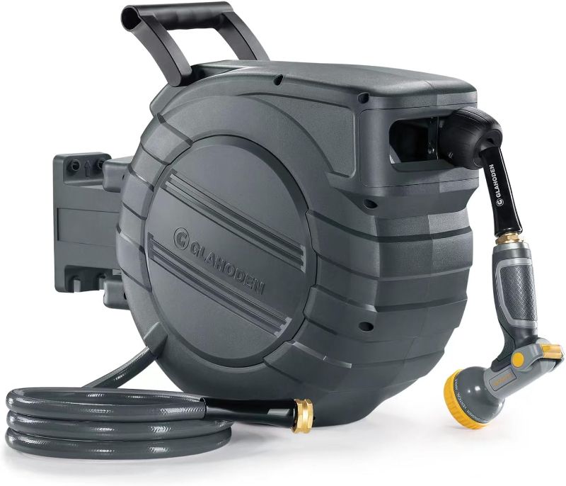Photo 1 of Retractable Garden Hose Reel 5/8 in x 90 ft, 2025 Upgraded Dual Ratchet Lock UV & Freeze Protection Brass Seal Slow Retraction Anti-Tangle Hose 180°Swivel Reinforced Scaffold Wall Mount
