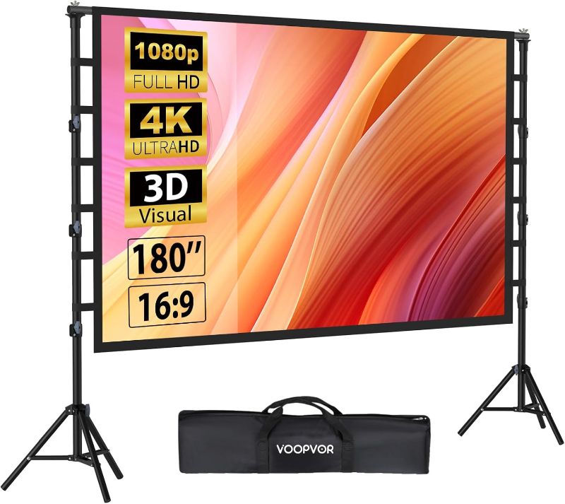 Photo 1 of 180 Inch Outdoor Projector Screen with Stand: VOOPVOR Portable Projection Screen and Stand, Indoor Rear Front Movie Screen 16:9 4K HD, with Carry Bag, Height Adjustable for Home Theater RVs Camping
