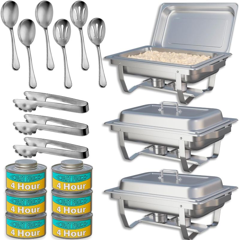 Photo 1 of 3-Pack Chafing Dish Buffet Set + Fuel + Serving Utensils - Stainless Steel 8 Quart Full Size Buffet Warmers with 6 Fuel Cans, 9 Serving Utensils, Folding Frame, and Lids for Catering and Parties
