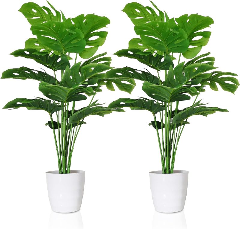 Photo 1 of Set of 2 Artificial Monstera Deliciosa Plants in Pots, Fake Tropical Palm Tree with Greenery Leaves Stems, 28 Inch Artificial Cheese Plant for Home Bathroom, Office, Windowsill Decor
