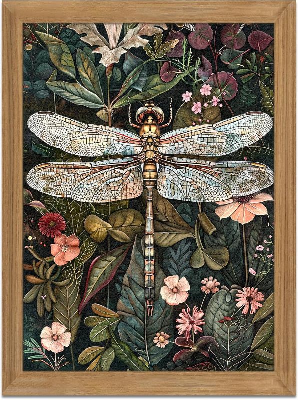 Photo 1 of Framed Vintage 3D Textured Wall Art - Dark Green Dragonfly Flowers Wall Decor - Hand Drawn Sandstone Nature Botanical Pictures for Living Room Bedroom Home Decor 16x24in
