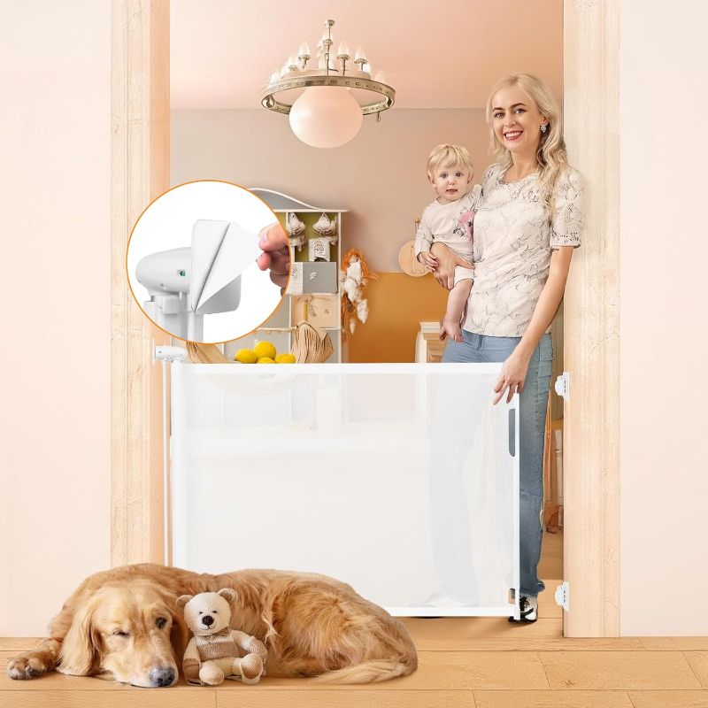 Photo 1 of No Drill Retractable Baby Gates No Drilling Retractable Pet Gate for Stairs No Drilling Retractable Dog Gate Outdoor Retractable Gate for Baby 55" Wide Indoor Safety Gates Mesh Pet Gates
