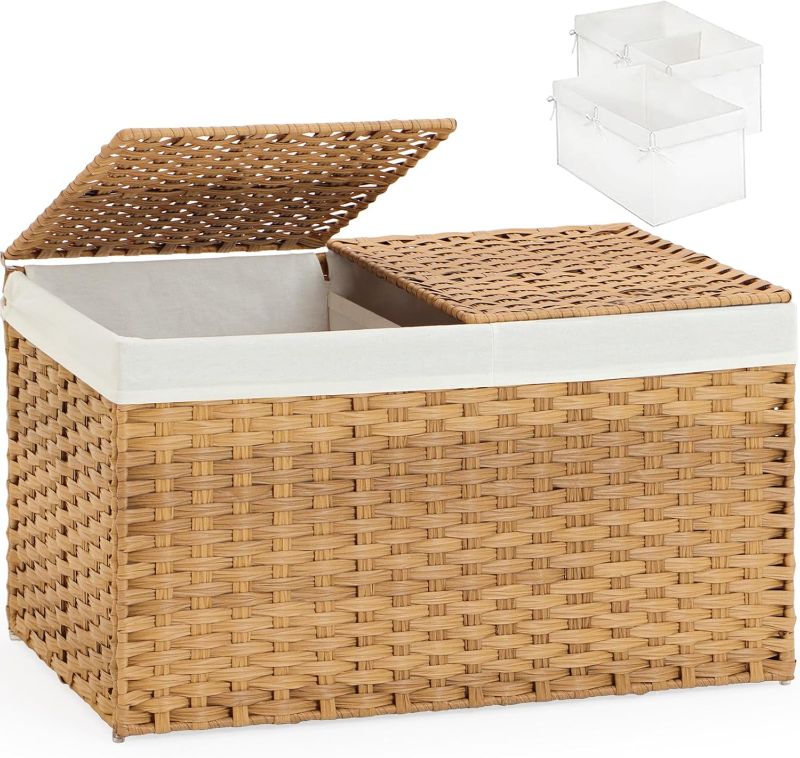 Photo 1 of Storage Basket with Lid Rattan Woven Storage Baskets with 2 Separate Lids, 17.2 Gallon (65 L), 22 x 13 x 13.8 Inches,Foldable, 2 Removable Liner Bags Handles for Bedroom, Laundry Room Natural
