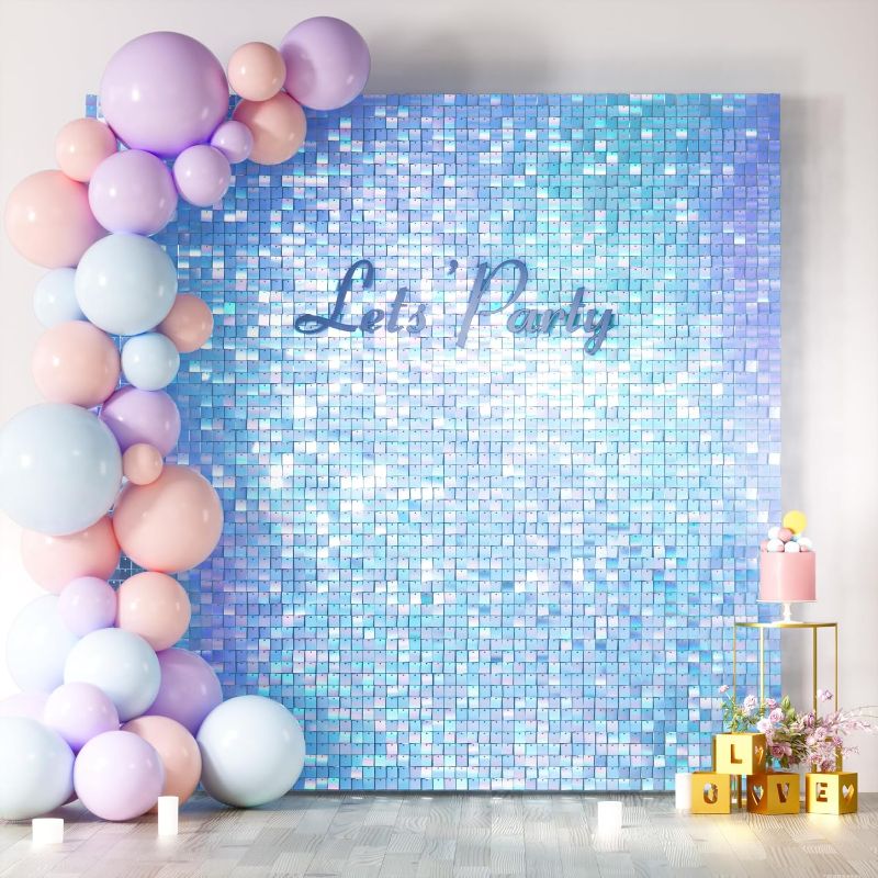 Photo 1 of COKAOBE Iridescent Blue Shimmer Wall Backdrop, 30PCS Square Sequin Shimmer Backdrop Panel, Photo Backdrops for Birthday, Anniversary, Wedding, Graduation & Bachelorette Party Decoration
