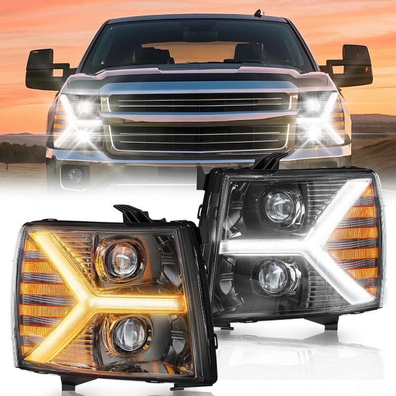 Photo 1 of Front light Kit for Chevy Silverado 1500 2500 HD 3500 HD 2007-2013, Truck Light Kit with DRL Turn Signal & Clear Lens, Anti-Glare & Wateproof Front Lamp Kit, Black
