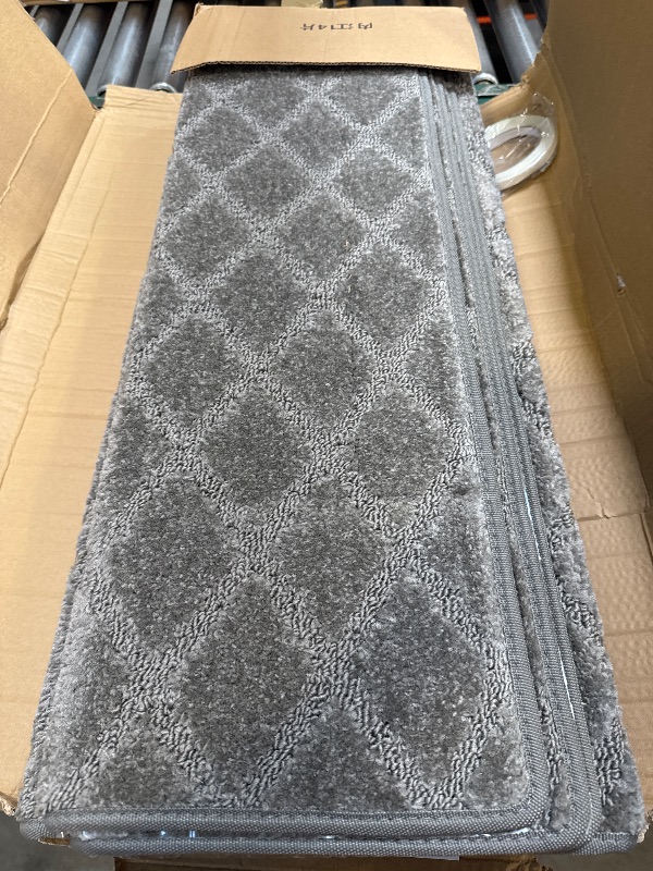 Photo 1 of VONDERZ Bullnose Stair Landing mat, Peel and Stick Carpet Stair Treads for Wooden Steps Indoor with Adhesive Non-Slip Backing - Diamond Pattern Grey
