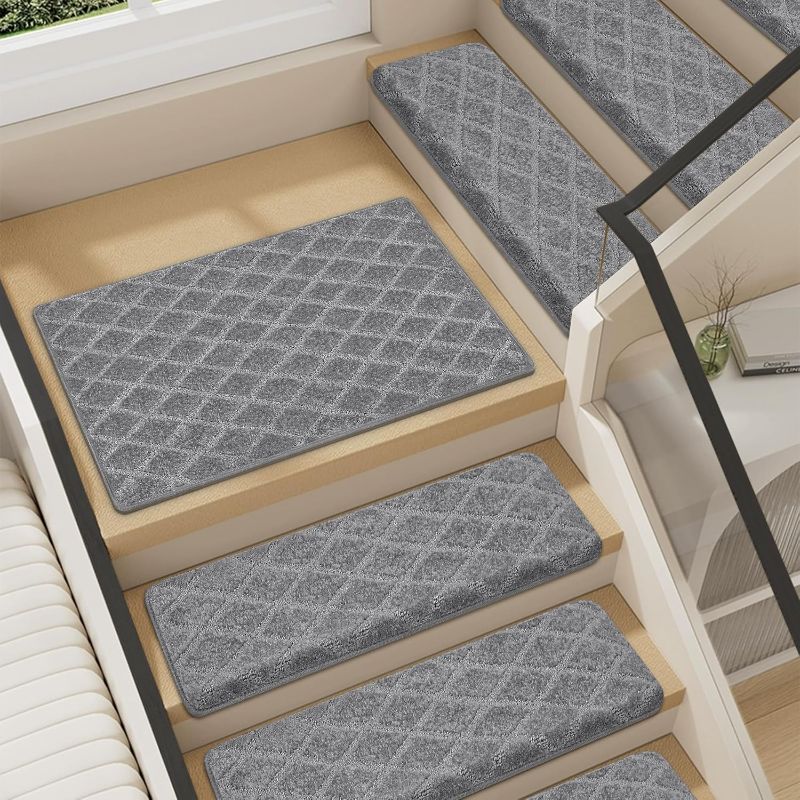 Photo 1 of VONDERZ Bullnose Stair Landing mat, Peel and Stick Carpet Stair Treads for Wooden Steps Indoor with Adhesive Non-Slip Backing - Diamond Pattern Grey

