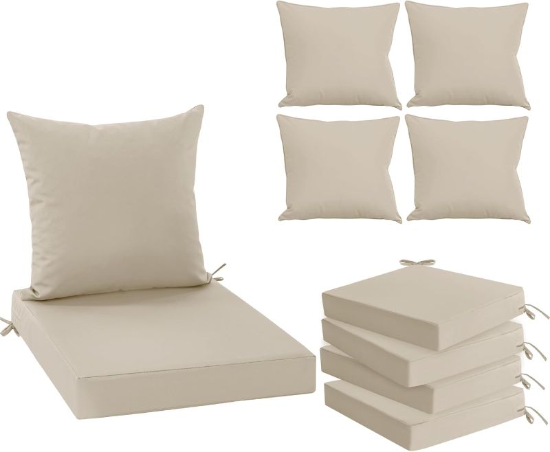 Photo 1 of Outdoor Chair Cushions Set of 4, Waterproof Backrest and Deep Seat Cushion Set for Patio Furniture, Outdoor Sofa Replacement Cushions with Removable Cover, 24 x 24 Inch, Cream
