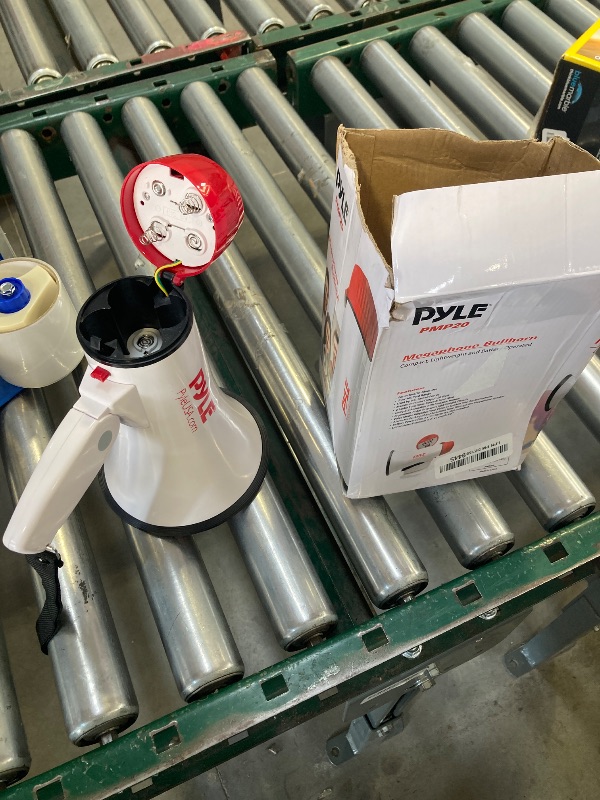 Photo 1 of Pyle 20W Megaphone Bullhorn - 5.4'' x 8.6'' Portable Megaphone, Projection Range Up to 800 Sq. Yards, Voice Talking & Siren Alert, Shoulder Strap, Battery Operated, (White)