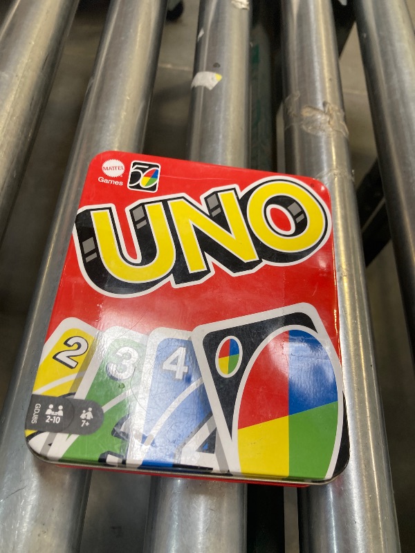Photo 1 of Mattel Games UNO Family Card Game, with 112 Cards in a Sturdy Storage Tin, Travel-Friendly, Makes a Great Toy for 7 Year Olds and Up