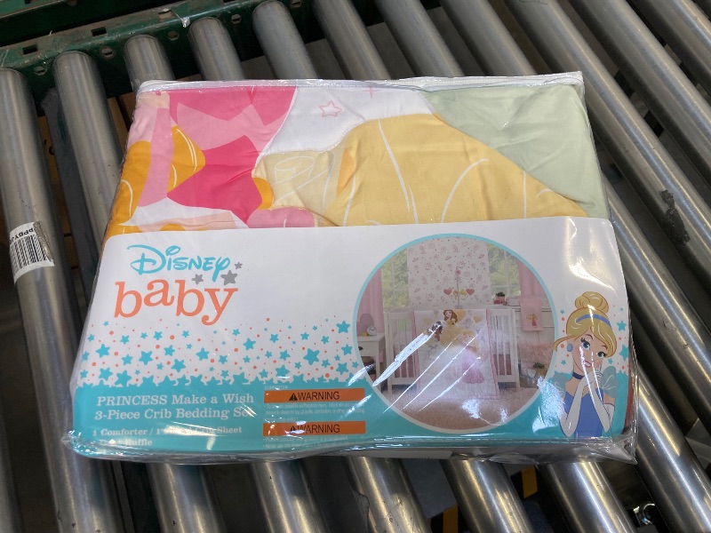 Photo 1 of Disney Make A Wish Multi Princess Pink and White Belle, Tiana, and Aurora 3 Piece Nursery Crib Bedding Set - Comforter, Fitted Crib Sheet, and Crib Skirt