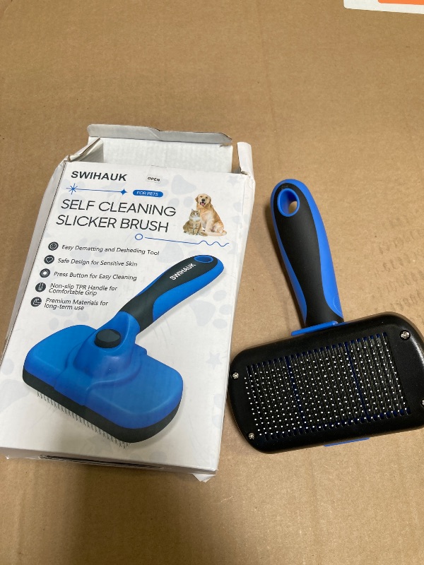 Photo 1 of Swihauk Self Cleaning Slicker Brush - Skin Friendly Deshedding Grooming Tool for Dogs & Cats, Suitable for Shedding & Haired Pets, with Pet Supplies Accessories, Blue